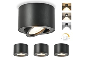 GeyouLux Dimmable LED Spot en Saillie Orientable, 5W Spots de Plafond, Ø80x50mm 3000K/4000K/6500K Rotation à 30° Spot Salle de Bain, Aluminium Rond Noir Plafonnier Spot LED Orientable, 4 pièces