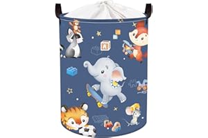 Clastyle 45L Cesta Ropa Sucia Animales Elefante Zorro Mapache Tigre Cestos Almacenaje Azul Juguetes Plegable Redonda para Habitación Infantil, 36x45 cm
