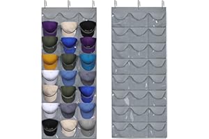 Dofilachy Baseball kappenhalter Organizer hängt hinter der Tür,Kappenhalter mit transparenten tiefen Taschen,Hut Kleiderbügel mit 24 Taschen，Hutaufbewahrungstasche mit Metallhaken (Hellgrau)
