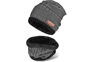 WEITOO Winter Beanie Hat & Scarf Set, Warm Knitted Hat and Circle Scarf, Skiing Neck Warmer, Outdoor Sports Set with Fleece Liner, Gifts for Men & Women