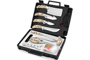 GVDV 15 Piezas Juego de Cuchillos de Caza, Cuchillo Desollador con Gancho de Tripa, Cuchillo Cortador, Tijeras de Caza, Sierra de Hueso, Tenedor de Barbacoa, Espátula, para Hombres