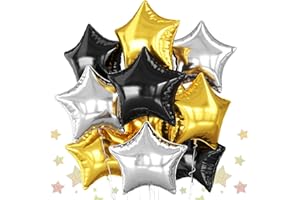 BIAPIAN Black Gold Silver Star Foil Balloons, 10PCS Foil Stars Shape Balloons, 18 Inch Metallic Black and Gold Stars Balloon for Helium Pentagram Balloon for Birthday, New Years, Graduation Party Decorations
