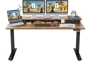 FEZIBO Height Adjustable Electric Standing Desk with Double Drawer, 150 * 60cm Stand Up Table with Storage Shelf, Sit Stand Desk with Splice Board, Black Frame/Rustic Brown Top
