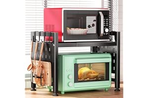 Kitstorack Mikrowellen Regal Mikrowellenschrank Organizer Stehend für Küche Arbeitsplatte Organisator Backregale mit 8 Haken and Schneidebrettständer, Erweiterbar 44-70cm, Schwarz
