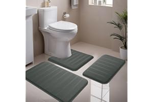 NAKIHOUSE Badematte Set 3-teilig aus Memory Foam, rutschfest & Saugfähig, Waschbar, Weich & Schnell Trocknend, Badezimmerteppich für Dusche, WC & Badewanne,Dunkelgrau