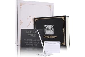 JIMBON Libro de Condolencias para La Celebración de Duelo, Libro de Oro Funerario de Tapa Dura de Cuero, Grabado en Oro, Libro de Condolencias, Logotipo de Tarjeta de Mesa Conmemorativa y Bolígrafo