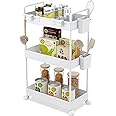 Ronlap Slim Storage Trolley, 3 Tier Rolling Cart Storage Organizer, Utility Rolling Cart with Handle Hanging Cups Dividers for Office Bathroom Kitchen Laundry Room Narrow Places, White