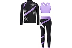Mufeng 3 Pezzi Tuta da Ginnastica Bambina Giacca da Pattinaggio Artistico con Pantaloni Leggings Top Corto Reggiseno Completo Danza Moterna Jazz Hip Hop