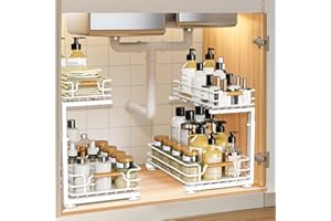 JYPS 2 Paquete Organizador Bajo Fregadero, 2 Niveles Metal Extraible Mueble Fregadero Armario Limpieza, Altura Regulable Estantería bajo Fregadero,Baño,Cocina(Blanco)