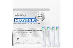 NEOPULSE® - Lot de 4 Recharges de Têtes de Brosse Souples Blanches en Nylon pour Brosse à Dents Électrique Sonique NEOSONIC® - Compatible NEOKIDS® - 3D : Brins courts et longs - Indicateur d'Usure