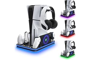 WUXIDIXI Charger Dock compatible with PS Portal, Playstation 5 Stand and Cooling Station with RGB LED Charging Dock, PS5 Edge Controller and Headset and Remote Holders - black