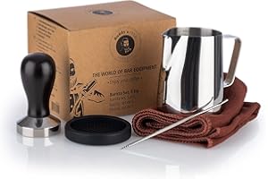 Buddy´s Bar - Barista Edition, Premium set da 5 pezzi, bricco per il latte 0,35 litri, contenitore per caffè, pressino Ø 51 cm, acciaio inox, tappetino, ago per caffè L: 13,5 cm, asciugamano