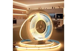 BRIMETI Ruban LED COB 5M 12V Autocollant Bande LED COB 3000K Blanc Chaud Flexible 320LED/M Découpable Largeur 8mm CRI>90 Intérieur Eclairage pour Chambre Cuisine Maison Miroir (Sans Alimentation)