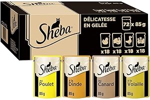 Sheba Mini Filets en gelée pour chat adulte – Nourriture humide pour chats - sélection à la volaille – Sachets fraîcheur 72 x 85g