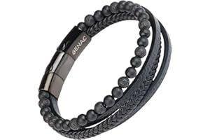 genac Bracelet Pour Homme En Perles De Pierres Naturelles 6mm Et Cuir Véritable Multi Tissé Avec Fermoir Magnétique Amovible En Acier Inoxydable Pour Régler Facilement La Longueur.