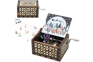 Auniq Caja de Música de Madera de Navidad, Manivela de Mano Caja de Música de Manivela Decoración de Navidad Creativa Pintada, Tallada Vintage, Cumpleaños, Navidad, Decoración del Hogar