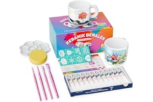 Scalnuvyyh Keramik Bemalen Set, Tassen Bemalen Set, DIY Keramik Malset Kreatives Bastelset für Erwachsene, Töpferset für Zuhause Enthält Tassen, Farben, Pinsel, Schablonenmuster, Paletten, Anleitung