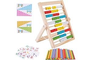 AWONLATE Boulier Abaque Enfant Bois,Montessori Jouet Boulier en Bois,Montessori Mathématique Abaque,Enfant Mathematiques Bouliers-100 Perles Multicolores,Cartes Alphabet,Barre de Comptage