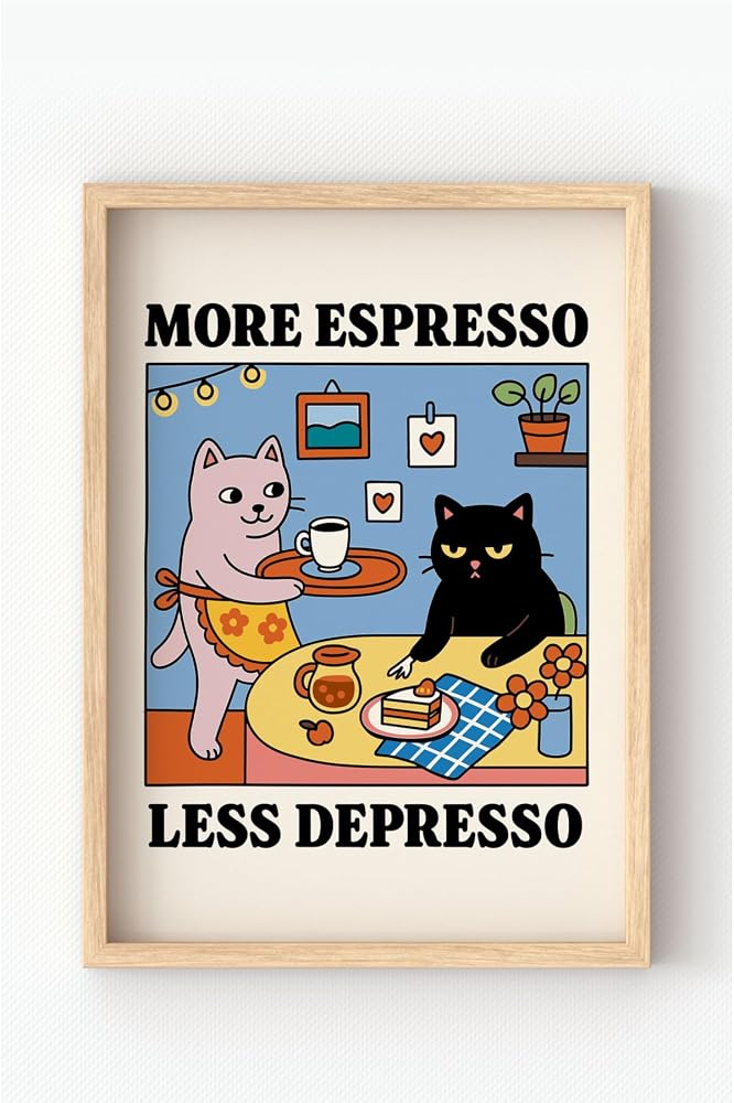 Ahşap Çerçeveli More Espresso, Less Depresso Poster – Eğlenceli Kedili Kahve Temalı Duvar Tablosu Çok Renkli 21 x 30