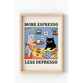 Ahşap &Ccedil;er&ccedil;eveli More Espresso, Less Depresso Poster &ndash; Eğlenceli Kedili Kahve Temalı Duvar Tablosu &Ccedil;ok Renkli 30 x 40
