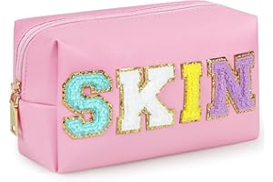 GINOYA Preppy Patch Makeup Bag, Synthetic Leather Patch Makeup Bag with Skin Chenille Letter for Purse Diaper Bag Travel