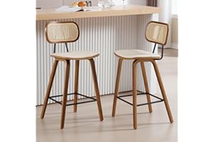 Ya-Home Chaise de Bar en Bois et Rotin Tabouret Bar Moderne Lot de 2 Chaise Bar Vintage Coussin Cuir PU, Tabouret de Cuisine Confortable, Beige