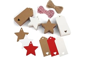 HOPTON Geschenkanhänger Weihnachten, 200 Stück Geschenkanhänger Stern, Weihnachtsanhänger Papier mit 20M Jute Schnur, Etiketten Zum Beschriften, Kraftpapier Anhänger für Geschenke (Rot, Weiß, Braun)