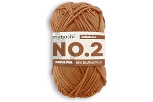 ‎MYBOSHI myboshi No.2 Baumwolle zum Häkeln, Baby Wolle, vegane Wolle zum Stricken, Wolle 60 Grad waschbar, für Baby und Amigurumi, 50g, Ll 100m Braun (Karamell) 1 Knäuel