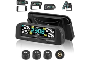 MAKDLY Tyre Pressure Monitoring System with Time & Detached Bracket, TPMS 4/2 Wheel Universal Solar Wireless Tire Pressure Monitor with 4 External Sensors, Pressure Range 0-6 bar, 0-87Psi, 6 Alarm Mode