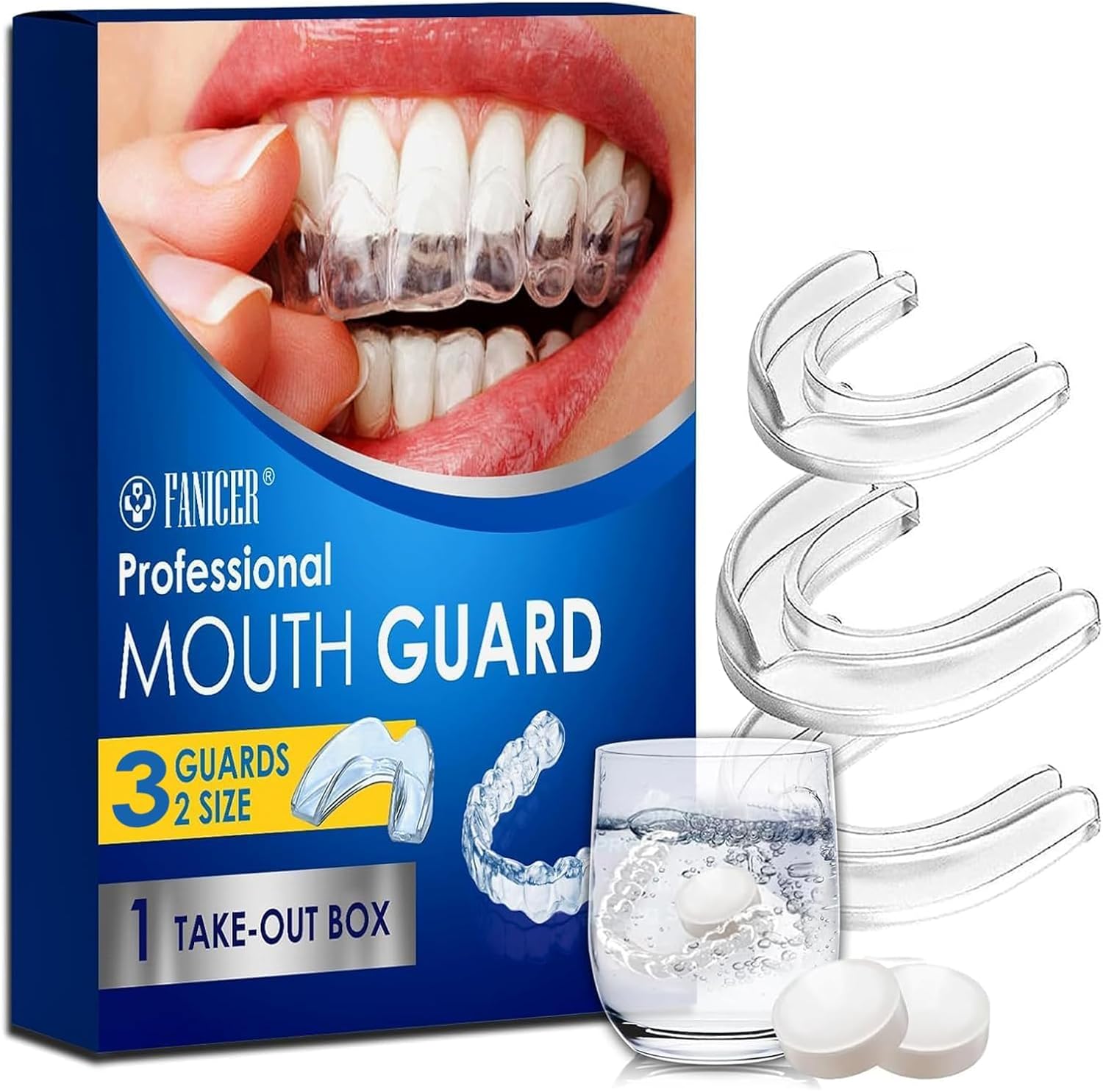 Pack de 3 Férulas de Descarga para Bruxismo Nocturno + 12 Pastillas Limpiadoras - Protector Bucal Anti-Bruxismo en 2 Tamaños, Reduce Ronquidos, Férula Dental Transparente para Dormir- Unisex Adultos