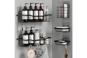 Malajess Shower Caddy 5 Pack, No Drilling, Large Capacity, Rustproof Shower Shelf with Soap&Toothbrush Holder, Self-Adhesive Organizer Rack for Bathroom, Kitchen & Living Room