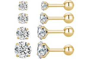 JMFENFA 4 Pairs Star Heart Square Stud Earrings Screw Back 18K Gold Plated Surgical Stainless Steel Cubic Zirconia Stud Earrings 3-6mm