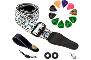 ZENGSING Plectrum, Guitar Strap, Guitar Picks, Cotton Guitar Straps, Vintage Embroidered Guitar Straps with Genuine Leather Ends, Strap Locks, Guitar Picks for Bass, Acoustics, Electric Guitar (Set A)