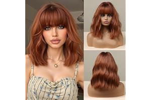 Esmee Peluca Bob Caoba Cortas para Mujer, Peluca Sintética Rizado Natural Resistente al Calor para el uso Diario en Fiestas Cosplay(con Flequillo)- 14 Pulgadas
