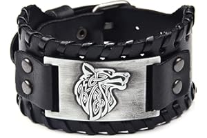 Thajaling Braccialetto largo in pelle nera con motivo testa di lupo in argento anticato, 17.5 to 22.5cm, Pelle