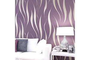 Beswitory 3D Abstract Wallpaper Non-Woven Wave Stripes Roll 3D Embossed Wave Wallpaper Purple Silver Glitter Wallpaper Feature Stripe Modern Geometric Patterned Taupe for Livingroom Bedroom