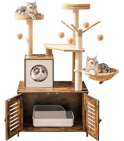 Arbre à Chat Avec Meuble Litière Pour Chat - GOPLUS - 2 Condo/Griffoirs/Gratter En Sisal/Balles Suspendues - Gris - 173CM - Animalerie