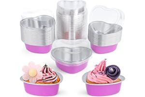ELECLAND Lot de 50 moules à gâteaux en forme de cœur rose 100 ml en aluminium avec couvercles, pour la Saint-Valentin, un mariage, Noël, un anniversaire