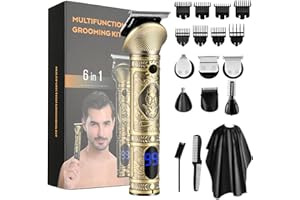 DOEDOEFONG Tondeuse Cheveux Hommes, Tondeuse Barbe Kit Rasoir en T Sans Fil Électrique avec Écran LCD, Kit de Tondeuse à Barbe 6-En-1 avec Coffret de Rangement et Tablier de Tondeuse, Cadeau Homme