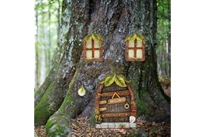 Meyas Miniatur Fairy Gnome Home Fenster und Tür, Garten Leuchtende Türen und Fenster aus Harz, Gartendeko Figuren Statuen, Garten Dekoration Skulptur Statuen Ornament,Leuchten im Dunkeln (Blattdesign)