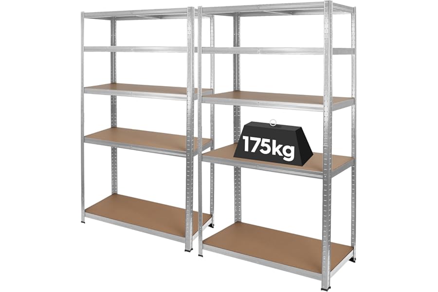 Harbour Housewares 5-Tier Steel Garage Shelving Units Set - Galvanised - 2 Pack Heavy Duty Free Standing Industrial Shed Storage Racking Shelves | Boltless Assembly | 875kg Capacity | 90 x 40 x 180cm