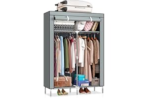 QLFJ-FurDec Fabric Canvas Portable Wardrobe, Premium Fabric Foldable Closet with 2 Hanging Rail, Shelves and Zips, Upgrade Clothes Storage Organiser for Kids Bedroom, 90 * 46 * 168cm (Silver)