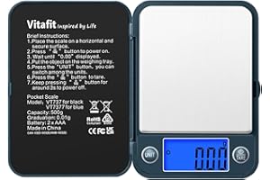 Vitafit Báscula de Precisión Digitale para Joyería Cocina Alimentos 500g x 0,01g, Balanza de Portátiles Multifuncional con Pantalla LCD Retroiluminada, Báscula Digital de Bolsillo, Azul