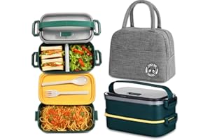 Haoh Lunch Box Kit, 1600ml Ermetico Porta Pranzo con Borsa Termica, Schiscetta Pranzo Microonde Contenitore Pranzo per Adulti Ufficio Picnic Scuola Bambini(Verde)