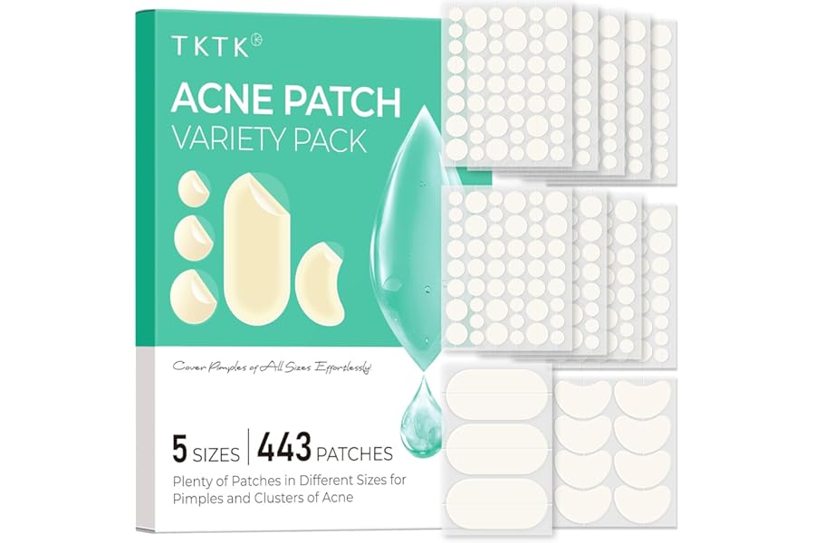 TKTK 443 Count Pimple Patches for Face, Hydrocolloid Acne Patch Bulk, Acne Stickers for Covering Cheeks, Forehead, Chin Blemishes Zit Breakouts for All Skin Types (Dots, Strip, Contoured 5 Sizes)