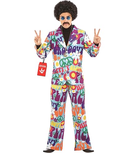Vegaoo 60er Jahre Hippie-Kostüm Beige-bunt – Komplettset Mit Tunika, Hose, Gürtel & Stirnband (Gr. M/L)