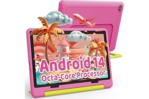 Ainmel Android 14 Kinder Tablet, Octa-Core Prozessor Tablet für Kinder, 14GB+64GB, 5000mAh, Kindersicherung, WiFi 6, Bluetooth 5.3, kindersicheres Gehäuse (Rosa)