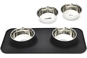Penguin Home® Stainless Steel Pet Bowls (Buy 2+Get 2 Free) with Black Silicone Feeding Mat | Pet Food Bowls for Dogs & Cats - 425ml each| Anti Slip & Waterproof Silicone Pet Safe Food Tray 48x24cm |