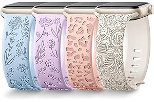 Upeak Grawerowane paski kompatybilne z zegarkiem Apple Watch 44 mm, 45 mm, 42 mm, 49 mm, damski, miękki silikonowy pasek sportowy z uroczymi kwiatami, w panterkę, do iWatch Ultra, SE Series 9, 8, 7,