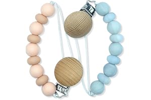 SILICOMAN - Chupetero Silicona - Cadena Chupete Bebe - Sujeta Chupete - Cadena Chupete Bebe - Pack 2 Chupeteros Bebe con Clip de Madera - Cuelga Chupetes Bebe sin BPA (Simple Rosa + Gris)